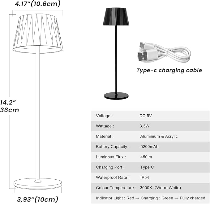 Modern LED Rechargeable Table Lamp,5200mAh Desk Lamp with Stepless Dimming, Touch Switch Cordless Waterproof Night Light for Bedroom Camping Restaurant Bar (Black, 3000K, Warm White)