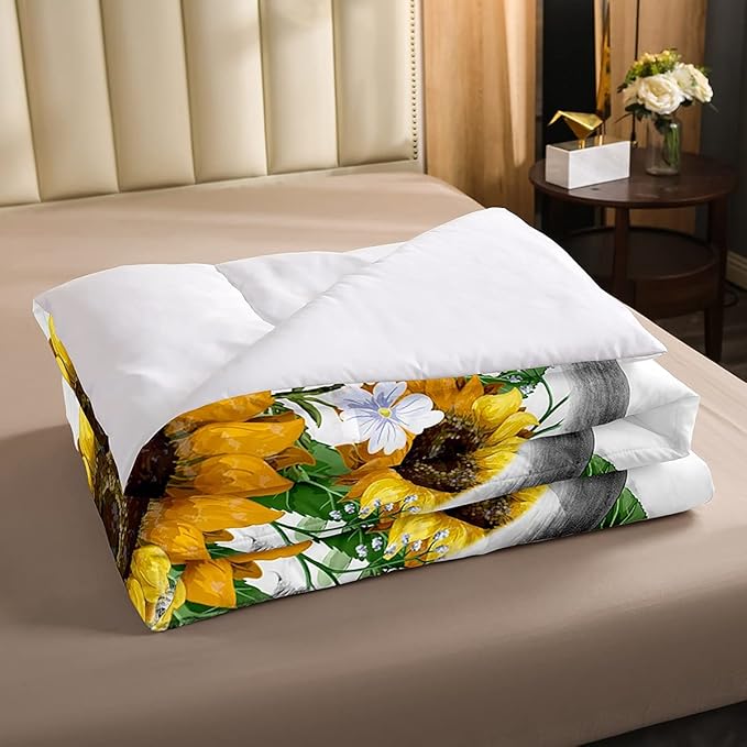 Highland Cow Comforter Set Full Sunflowers Art Down Comforter Rustic Bull Cattle Bedding Set For Kids Boys Girls Adult Farmhouse Western Funny Animal Wild Theme Duvet Set Grey Marble Comforter