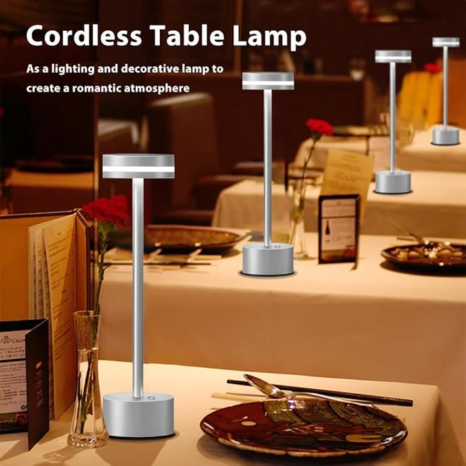 Cordless Metal Desk Lamp,Portable LED Table Lamp with Touch Sensor,3 Color Rechargeable Lamp,3-Levels Brightness Lamp,Night Light for Kids Nursery,Bedside Lamp,Dining Room Lamp (Silver)