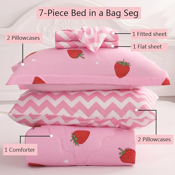 Strawberry Comforter Bedding Set Full Size for Girls 7 Piece Pink Kawaii Comforter Set Bed in A Bag for Kids Teens All Season (1 Comforter,1 Flat Sheet,1 Fitted Sheet and 4 Pillow Sham)