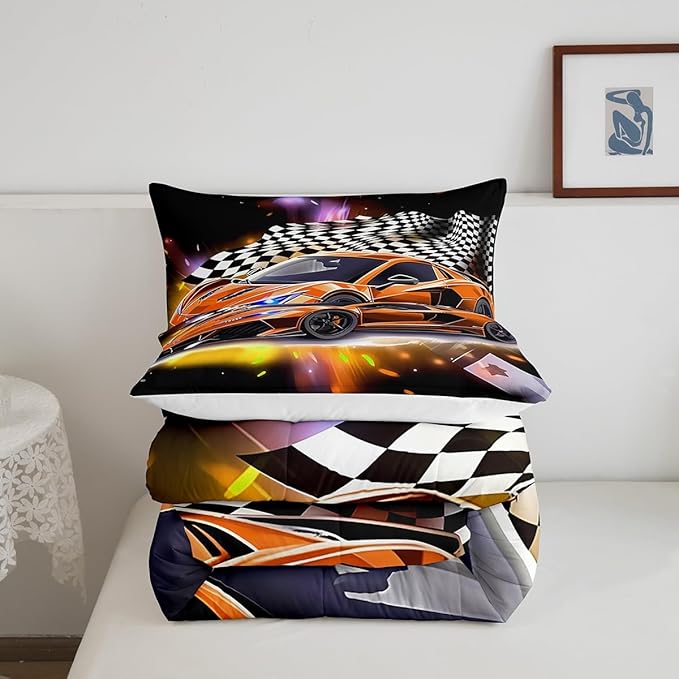 Feelyou Sports Car Comforter Set King Size, Orange Racing Car Bedding Set 3pcs for Kids Boys Teens Bedroom Cool Speed Luxury Car Decor, Black White Plaid Grid Print Quilt Set with 2 Pillowcases