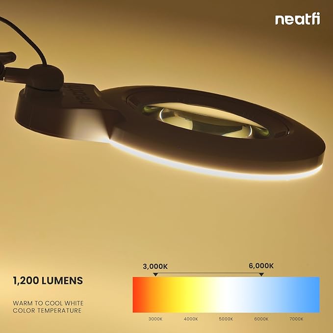 Neatfi (New Model) 1,200 Lumens Super LED Magnifying Lamp with Clamp, 8 Diopter, 5 Inches Wide Lens, Correlated Color Temperature Control, 12W, 120 Pcs SMD LED (White, 5 Inch Lens)