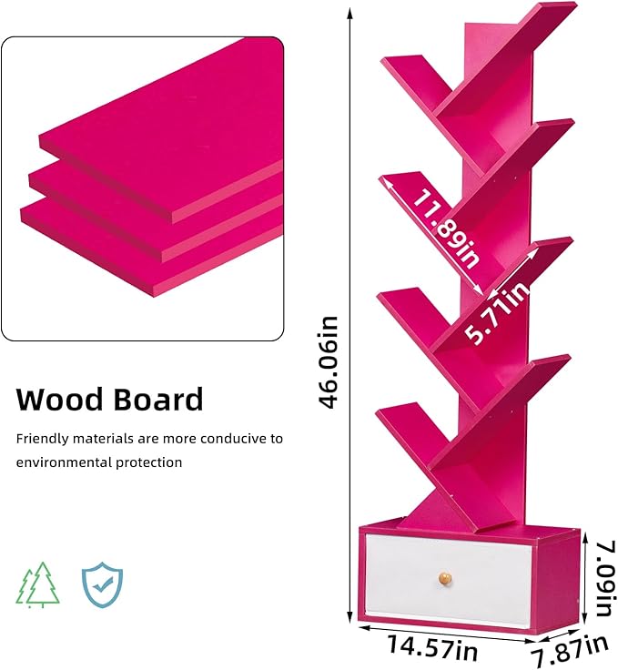 8 Tier Tree Bookshelf with Drawer, Free Standing Wood Bookcase for Narrow Space, Storage Organizer Bookshelves for Books, Book Case for Home Office, Living Room, Bedroom - Pink