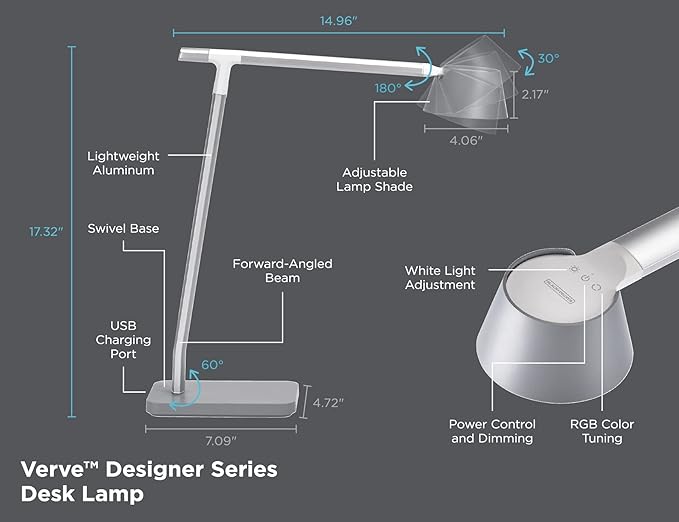 BLACK+DECKER Verve Designer Smart Desk Lamp, Works with Alexa, Auto-Circadian Mode, True White LED + 16M RGB Colors, USB Charging Port,