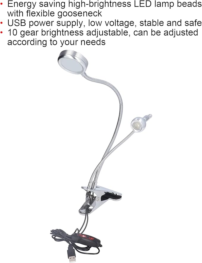 Zerodis LED Desk Lamp, Dimmable LED Clip Desk Lamp 10 Gear Adjustable USB LED Double Head Gooseneck Table Lamp Reading Lamp for Bedroom