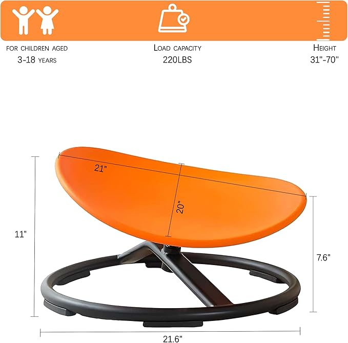 Autism Kids Swivel Chair,Sensory Spinning Chair for Kids,Toddler Spinner seat Carousel Spin Sensory Chair for Kids,Training Body Coordination,Metal Base Non Slip Safer (Orange)