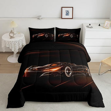 Feelyou Orange Race Car Bedding Set Queen Size for Kids Boys Extreme Sport Games Comforter Set Teens Toddler Fast and Furious Duvet Set Cool Modern Quilt Set 3Pcs