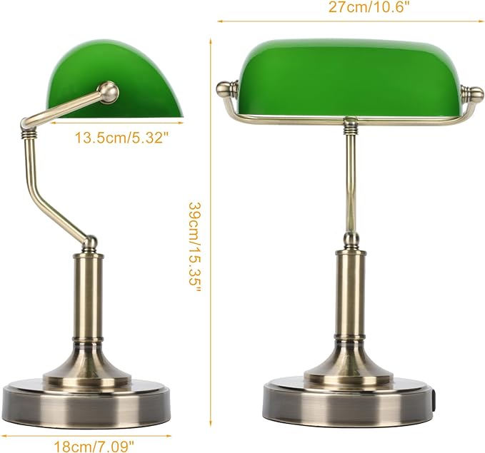 Bankers Lamp, Green Desk Lamp with Touch Control Switch, Retro Lamp with USB and Type C Charging Ports, Vintage Lamp for Home Office, Piano, Library, LED Bulb Included (Vintage)