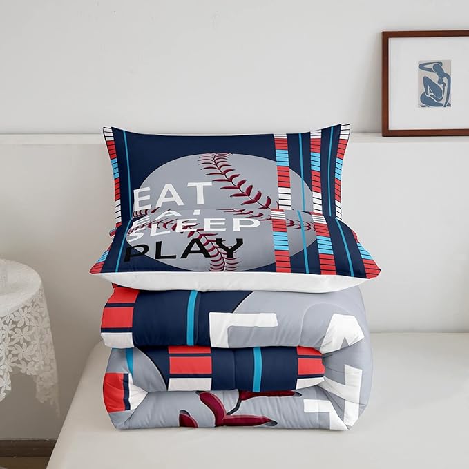 Feelyou Baseball Comforter Set Sports Game Bedding Set for Boys Girls Children Baseball Gaming Blue Stripe Comforter Gift for Baseball Softball Lover Room Decor Twin Size Quilt Set