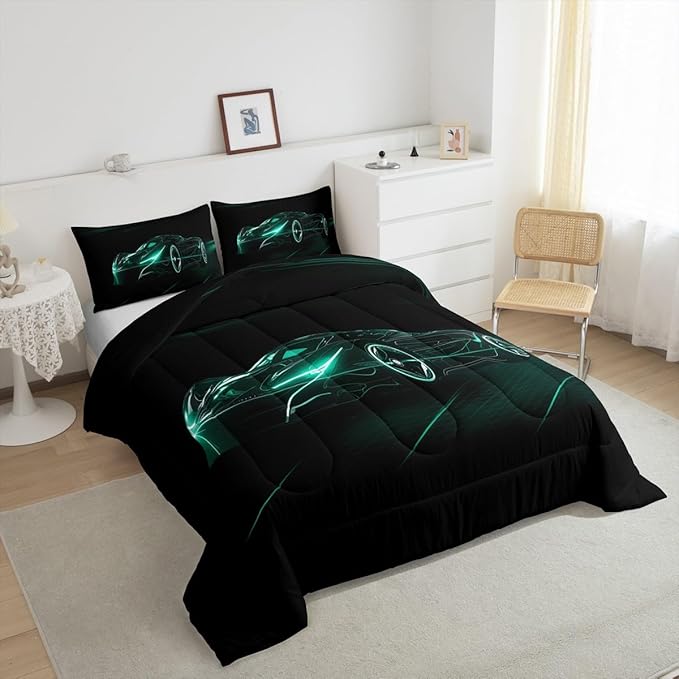 Feelyou Teal Race Car Bedding Set Twin Size for Kids Boys Extreme Sport Games Comforter Set Teens Toddler Fast and Furious Duvet Set Cool Modern Quilt Set 2Pcs