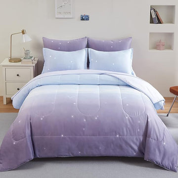 Girls Comforter Set Full Size Colorful Ombre Purple Rainbow Bedding Set Bed in A Bag for Kid Teen Girls 7 Pieces (1 Comforter, 1 Flat Sheet, 1 Fitted Sheet, 2 Pillow shams, 2 Pillowcases)