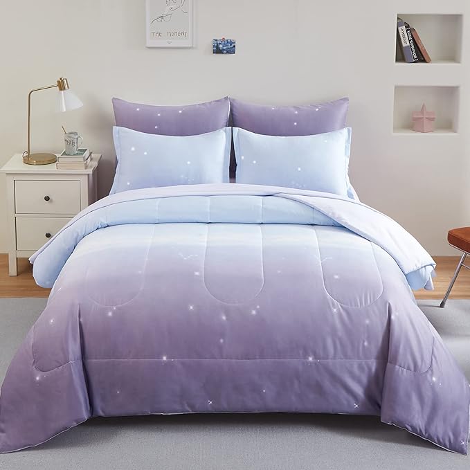 Girls Comforter Set Full Size Colorful Ombre Purple Rainbow Bedding Set Bed in A Bag for Kid Teen Girls 7 Pieces (1 Comforter, 1 Flat Sheet, 1 Fitted Sheet, 2 Pillow shams, 2 Pillowcases)
