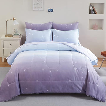 Girls Comforter Set Twin Size 6 Pieces Colorful Ombre Purple Rainbow Bedding Set Bed in A Bag for Kids Teen Girls (1 Comforter, 1 Flat Sheet, 1 Fitted Sheet, 1 Pillow sham, 2 Pillowcases)