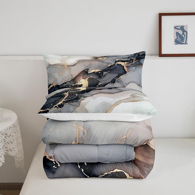 Erosebridal Black Marble Bedding Set King,Black and Grey Marble Comforter Set Men Teens Boys Modern Gray Orange Abstract Art Tie Dye Down Comforter Kids Gothic White Gold Marble Duvet Insert Soft