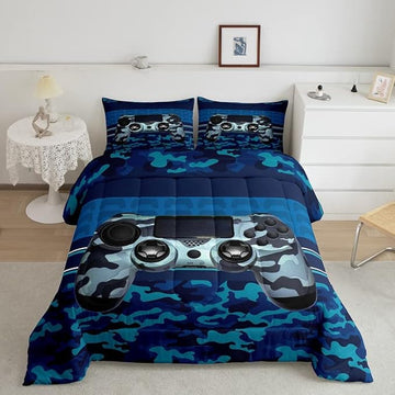 Feelyou Gamer Comforter Set Camouflage Gaming Video Game Bedding Set for Kids Boys Blue Camo Gamer Console Comforter Soft Gamepad Decor Quilt King Size Boys