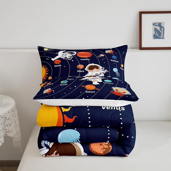Feelyou Solar System Comforter Set Twin Size Outer Space Comforter for Kids Teens Adults Universe Planets Bedding Set Cute Astronaut Blue Duvet Set Room Decor 2Pcs with 1 Pillow Case