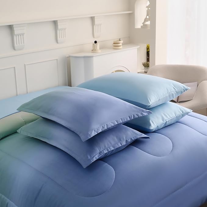 Dinjoy Girls Comforter Set Full Size Colorful Rainbow Ombre Blue Green Pink Bedding Set Gradient 7 Pieces Bed in A Bag for Kids Teen Girl Women(1 Comforter, 1 Flat Sheet, 1 Fitted Sheet)