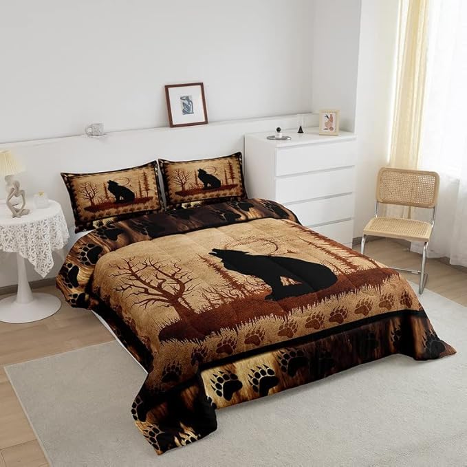 Feelyou Cute Wolf Comforter Set for Girls Boys Kids Wolves Howling Bedding Set Room Decorative Animal Wolves Tree Pattern Bedding Set Exotic Style Brown Black Duvet Set King Size 3Pcs Quilt Set