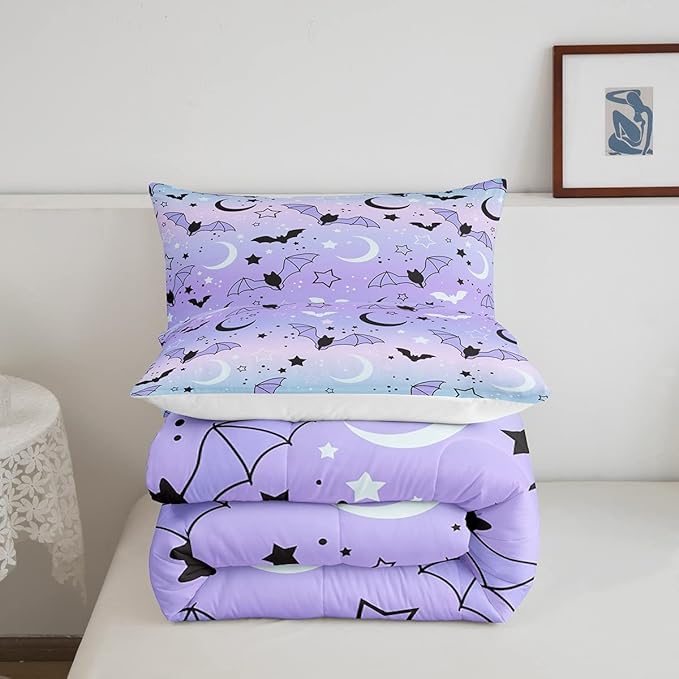 Feelyou Halloween Comforter Rainbow Comforter Set for Boys Girls Children Bat Moon Star Print Bedding Set Halloween Theme Purple Gradient Style Room Decor King Size Duvet Set 3Pcs