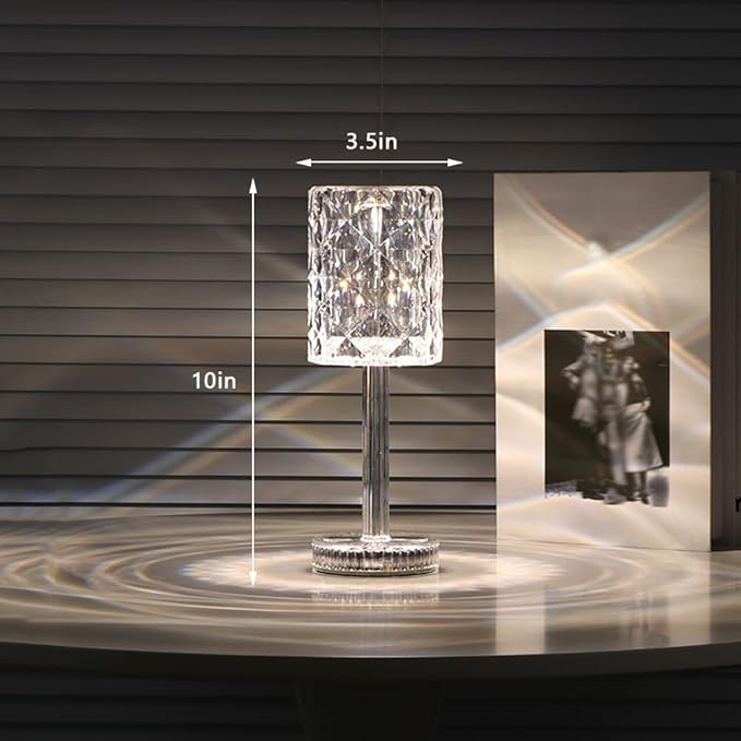 Portable Crystal Table Lamp,Acrylic Cordless LED Desk Lamp with Touch Control, 3 Color Touch Control Rechargeable Lamp, Night Light, Bedside Lamp,Dining Room Lamp (3 Color Crystal Lamp)