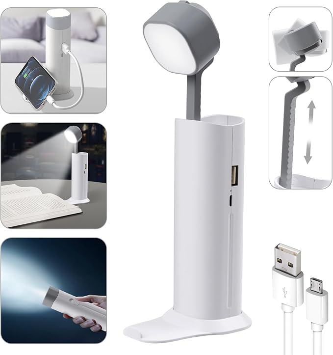 Small Desk Lamp, Mini Table Lamps for Home Office, Portable LED Flashlight/Book Light with USB Charging Port (5000MAH), Night Reading Light with Phone Holder/Eye Caring 3-Brightness Mode