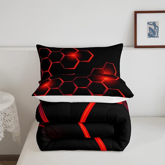 Honeycomb Kids Comforter Set Modern Geometry Hexagon Bedding Set for Boys Children Teens Bedroom Decor Geometrical Comforter Beehive Geometric Black Red Duvet Set Queen Size with 3 Pillow Case