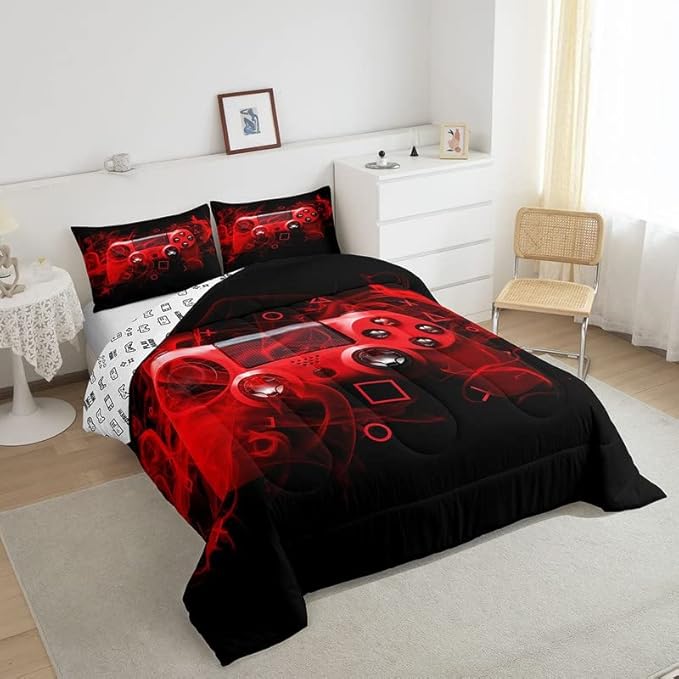 Kids Gaming Comforter Set Full Size Gamer Bedding Set for Boys Teens Gamer Bedroom Decor Youth Video Game Comforter Red Black Geometry with 2 Pillow Case