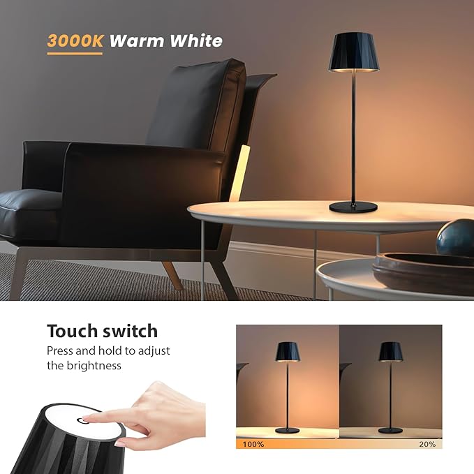 Modern LED Rechargeable Table Lamp,5200mAh Desk Lamp with Stepless Dimming, Touch Switch Cordless Waterproof Night Light for Bedroom Camping Restaurant Bar (Black, 3000K, Warm White)