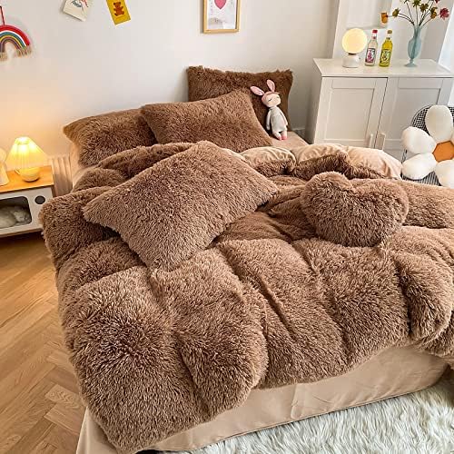 Faux Fur Kids Girls Coffee Comforter Sets Queen - 3PC Bed Set Warm Comfortable Soft Plush Flannel Velvet Fluffy Fuzzy Bedding（Comforter x 1 Pillowcases x 2）