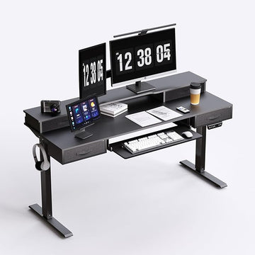 Electric Standing Desk, 55 Inches Height Adjustable Desk with Monitor Shelf, Large Sit Stand Desk with Drawers, Smart Home Office Computer Desk, Classic Black