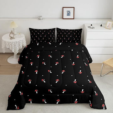 Cute Mushroom Comforter Set King Kid Cartoon Kawaii Reversible Bedding Set Red Mushroom Duvet Set Mushroom Shaped Comforter Lovely Natural Wild Plants Fungus Comforter Set for Room Decor, Black