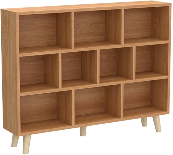 IOTXY Wooden Open Shelf Bookcase - 3-Tier Floor Standing Display Cabinet Rack with Legs, 10 Cubes Bookshelf, Pear Yellow