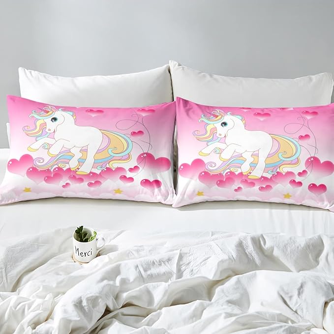 Girls Unicorn Comforter Set Full Girly Fantasy Rainbow Unicorn Bedding Set for Kids Little Girls, Pink Love Heart Duvet Sets Dreamy Horse Cartoon Magical Animal Down Comforter with 2 Pillowcases