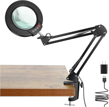 2.25X Magnifying Glass with Light and Clamp, Real Glass Stand Lighted Magnifier, 5 Color Modes Stepless Dimmable LED Desk Lamp Hands Free for Crafts Hobby Reading Painting Sewing Close Work