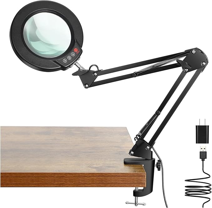 2.25X Magnifying Glass with Light and Clamp, Real Glass Stand Lighted Magnifier, 5 Color Modes Stepless Dimmable LED Desk Lamp Hands Free for Crafts Hobby Reading Painting Sewing Close Work