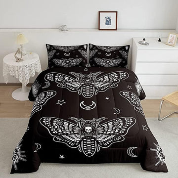 Feelyou Boys Boho Moth Comforter Set King Size Men Gothic Skull Bedding Set for Girls Women Bedroom Decor Bohemian Moon Star Comforter Personalized Moth Skull Skeleton Bones Duvet Set Teens Quilt Set