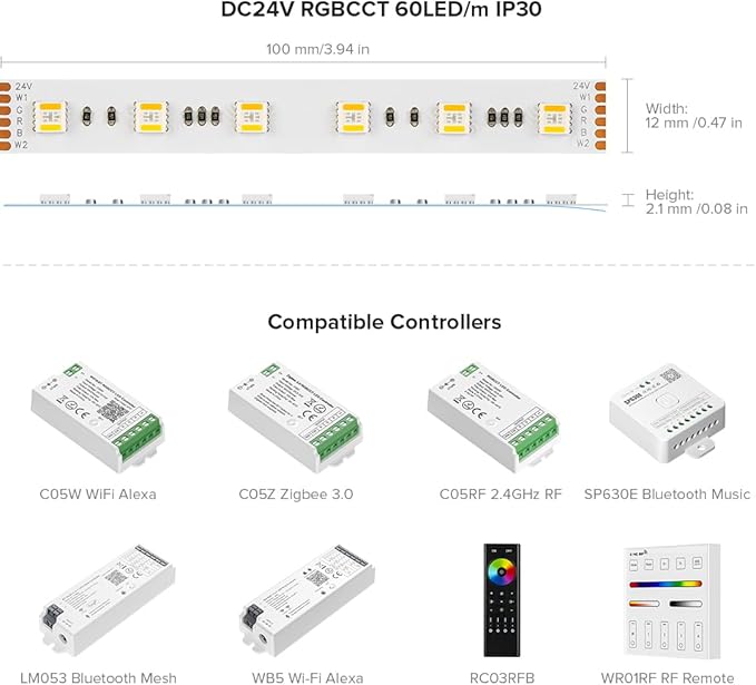 BTF-LIGHTING RGBCCT 5 Colors in 1 LED 5050SMD RGBWW RGB+Dimmable Tunable Color Temperature 2700K-6500K 16.4ft 60LEDs/m 300LEDs DC24V Multi-Colored Tape Lights IP30 White PCB(No Adapter or Controller)