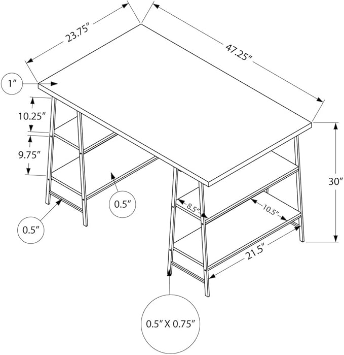 Monarch Specialties 7524 Computer Desk, Home Office, Laptop, Storage Shelves, 48" L, Work, Metal, Laminate, Grey, Black, Contemporary, Modern Desk-48, 47.25" L x 23.75" W x 30" H