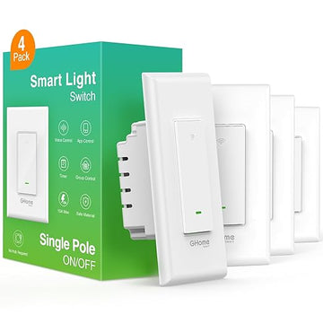 GHome Smart Switch,Smart Wi-Fi Light Switch Compatible with Alexa and Google Assistant 2.4Ghz, Single-Pole,Neutral Wire Required,UL Certified,Remote/Voice Control, No Hub Required (4 Pack)