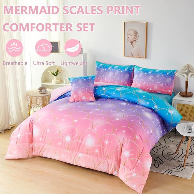 PERFEMET Mermaid Comforter Set for Girls 6 Pieces Rainbow Glitter Twin Size Kids Bedding Set Purple Pink Ombre Mermaid Scale Print Bed in A Bag Comforter Set with Sheets