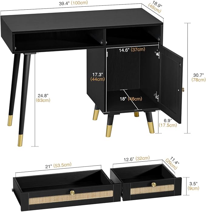 Anmytek Rattan Vanity Desk with Drawers and Storage, Black Makeup Vanity Table Modern Home Office Desk Computer Desk for Study D0005
