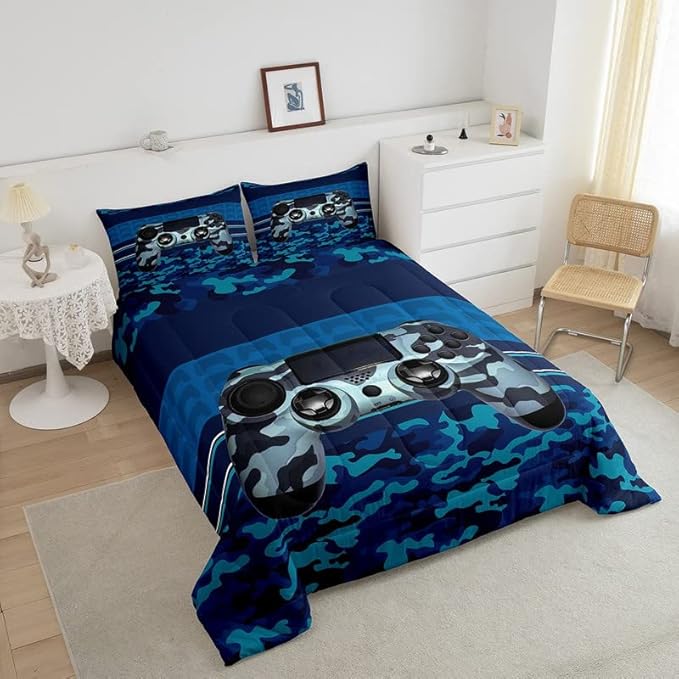 Feelyou Gamer Comforter Set Camouflage Gaming Video Game Bedding Set for Kids Boys Children Blue Camo Gamer Console Comforter Soft Gamepad Decor Quilt Set Queen Size