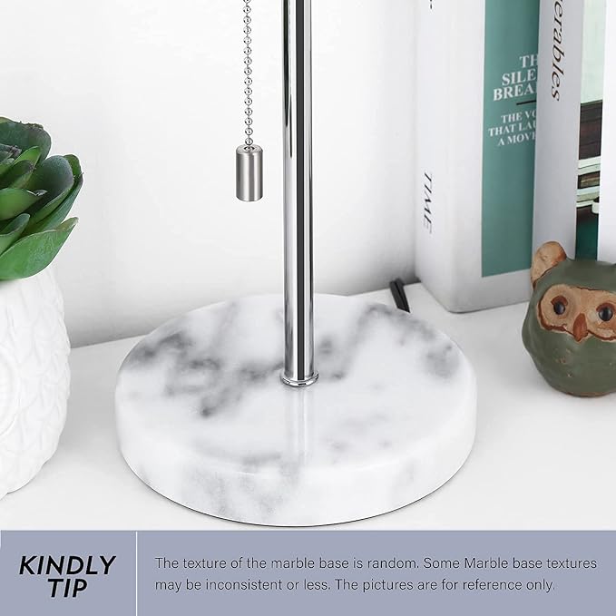SEHERTIWY Bedside Lamps, Desk Lamps with Pull Chain, Nightstand Lamps with Marble Base and Silver Metal, Lamp for Bedroom, Living Room, Reading Room, Office-Grey