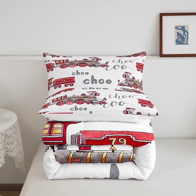 Feelyou Cartoon Car Bedding Set Kids Train Comforter Set Boys Girls Choo-Choo Rail Roads Tracks Decor Comforter Microfiber Train Construction Duvet Set Bedroom Quilt Set Twin Size