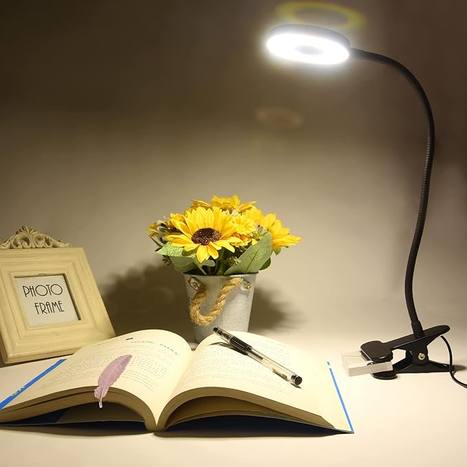 LED Clip On Light Reading Light, 10 Dimmable Brightness Gooseneck Clamp Desk Ring Light with Metal Bookmark for Reading Makeup Bedside (Size:Lamp+Bookmark)