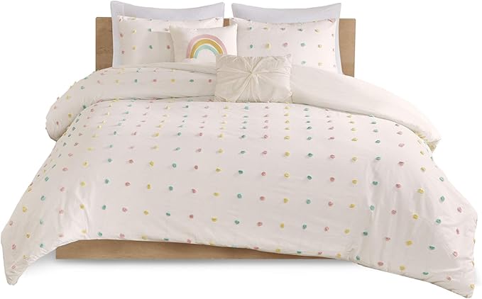Callie Cotton Jacquard Weave Colorful Pom Pom Kids Comforter sets, Down Alternative Shabby Chic All Season Girls Bedding, Bedroom Decor, Full/Queen, Multi 5 Piece