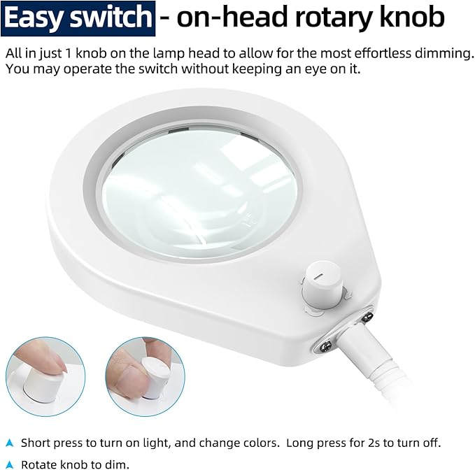 5X Magnifying Glass with Lights and Clamp, 4.2'' 5X Real Glass Magnifier Desk Lamp, w/Flexible Gooseneck Handsfree for Craft Workbench Hobby - New Rotary Switch Design