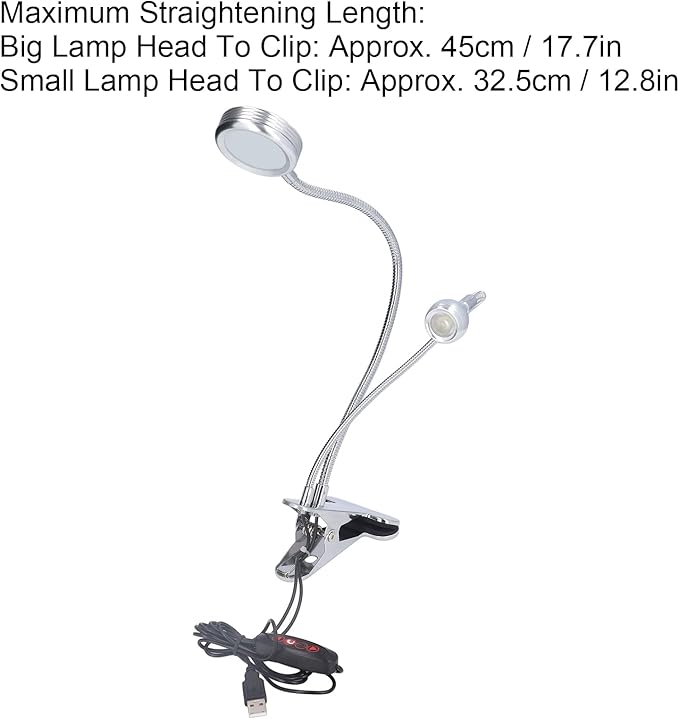 Zerodis LED Desk Lamp, Dimmable LED Clip Desk Lamp 10 Gear Adjustable USB LED Double Head Gooseneck Table Lamp Reading Lamp for Bedroom