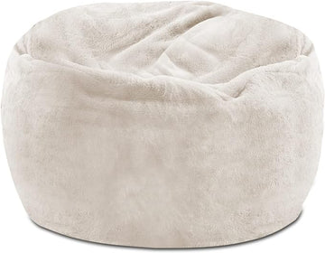 Posh Creations Structured Comfy Bean Bag Chair for Gaming, Reading, and Watching TV, 100in Round Classic Bean Bag, Rabbit Fur - Cream, Faux Rabbit Fur - Cream