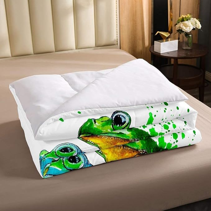 Erosebridal Cartoon Frog Comforter Set King Size, Green Tie Dye Down Comforter, Tree Branch Quilted Duvet,Animal Soft Duvet Insert for Kid Adult, White Room Decor Bedding Comforter Set